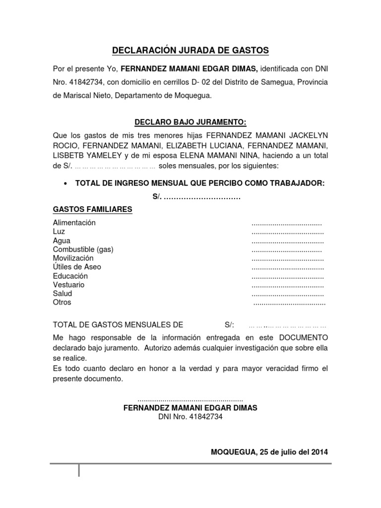 Declaración Jurada de Gastos Mensuales | PDF