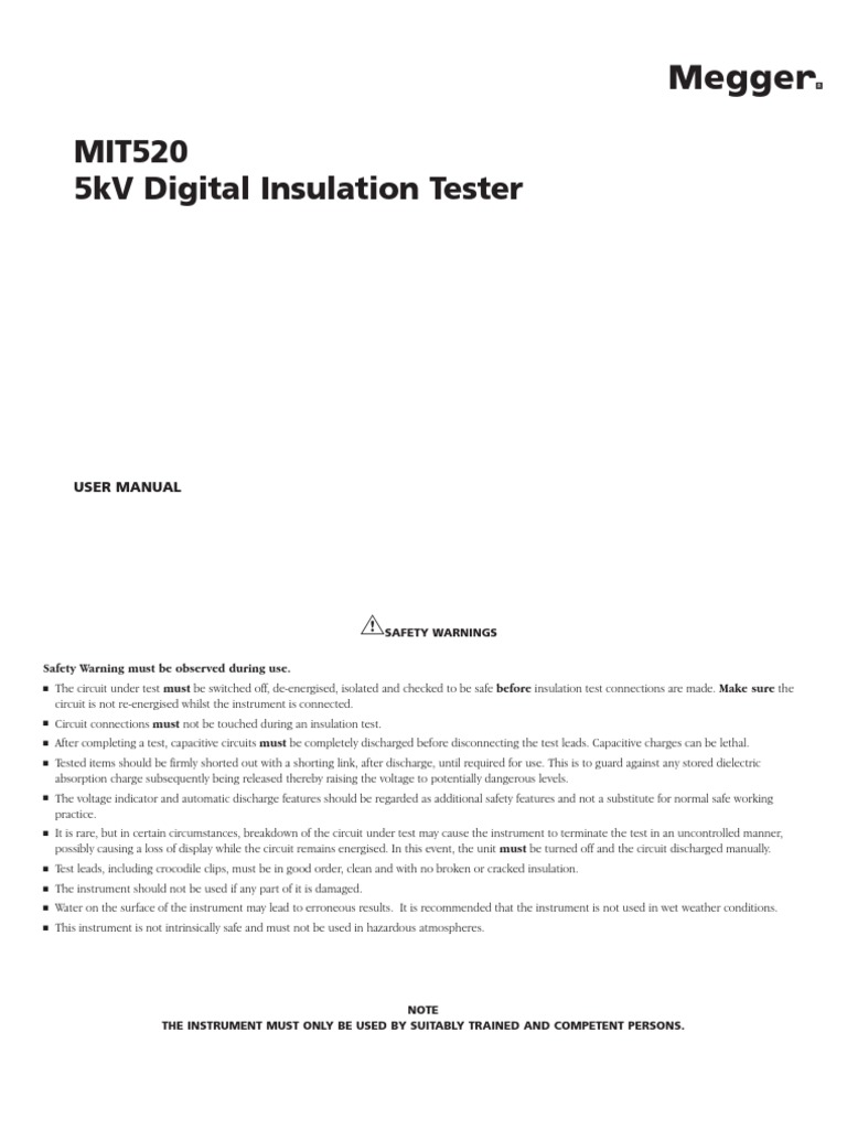MIT520 5kV Insulation Tester Manual | PDF | Capacitor | Mains Electricity