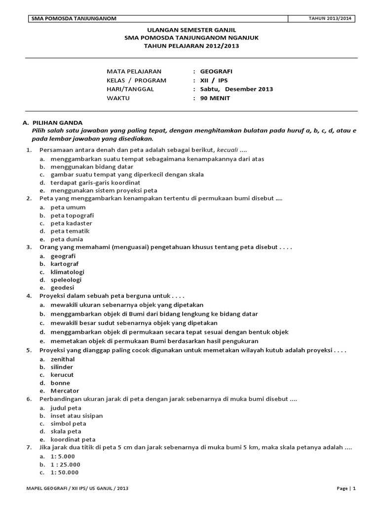 Soal Materi Geografi Kelas Xi Semester 1 Kurikulum 2013