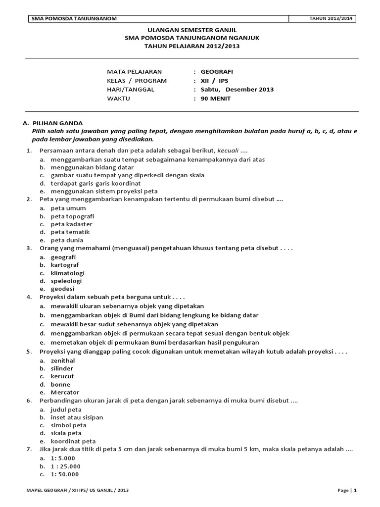 Soal Uas Ganjil Geografi Kelas Xii Ips 20132014