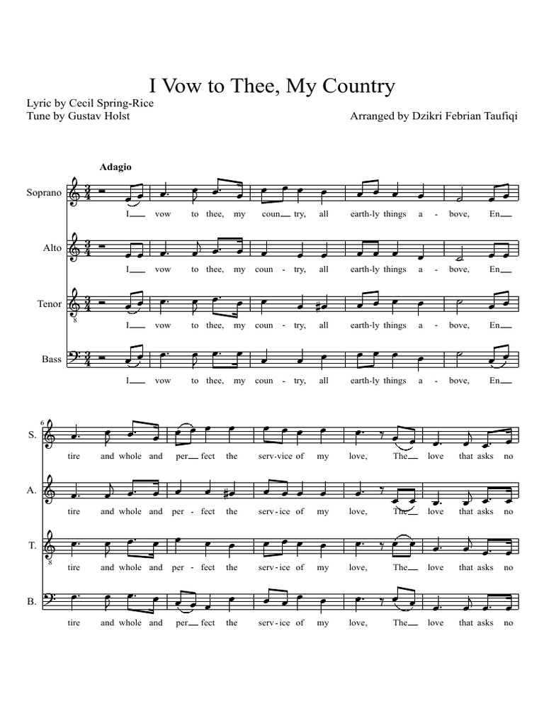 I Vow To Thee My Country Satb Choral Music Harmony