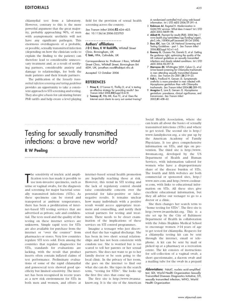 Testing For Sexually Transmitted | PDF | Sexually Transmitted Infection ...