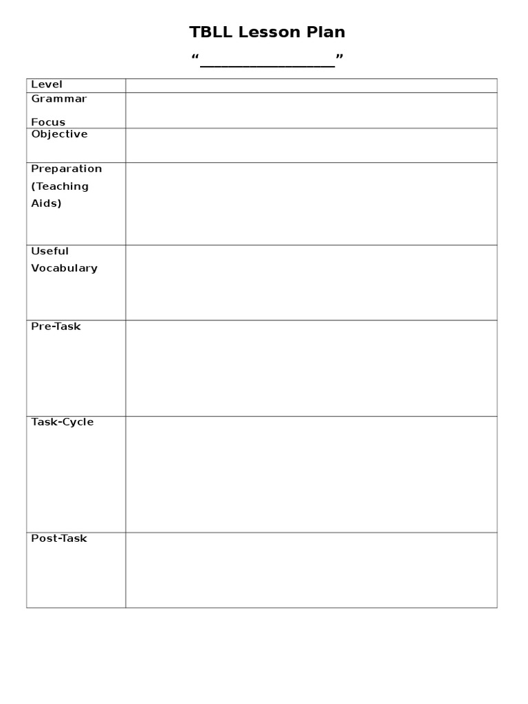 TBLL Lesson Plan: Level Grammar Focus Objective Preparation (Teaching ...