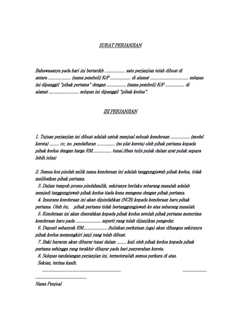 Contoh Surat Perjanjian Jual Beli Kereta Terpakai