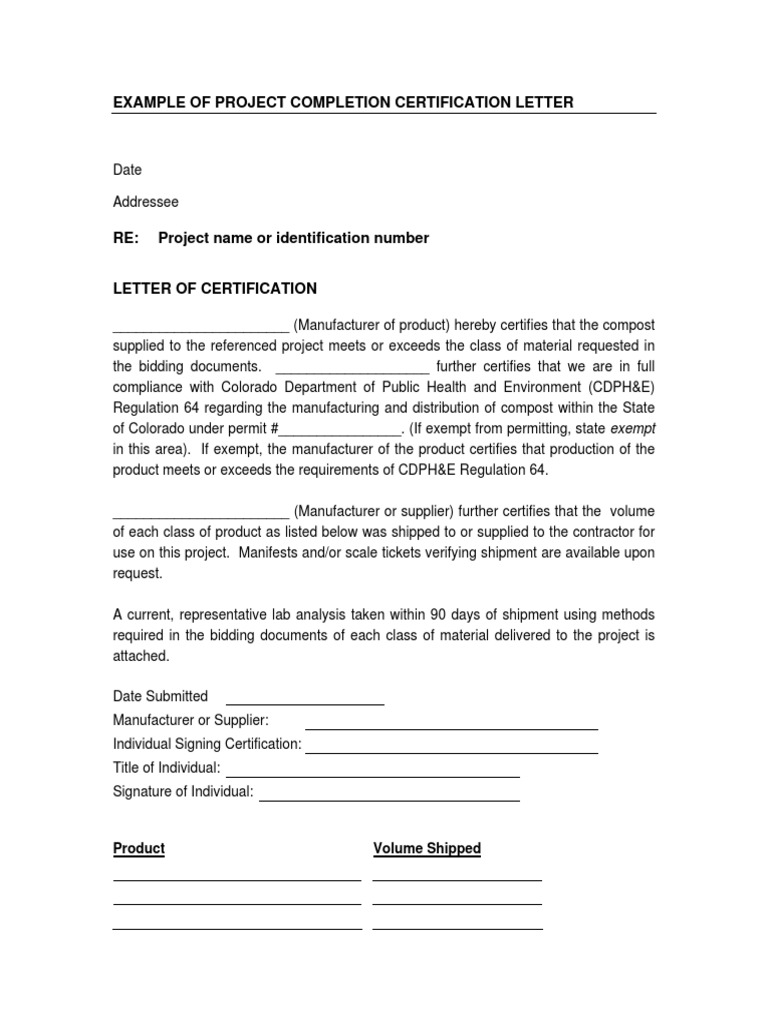 Example of Project Completion Certification Letter: Product Volume ...