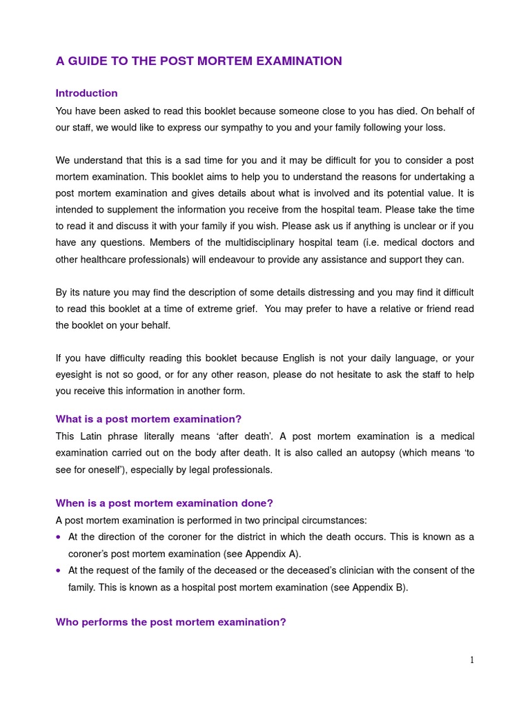 A Guide to the Post Mortem Examination | Autopsy | Coroner