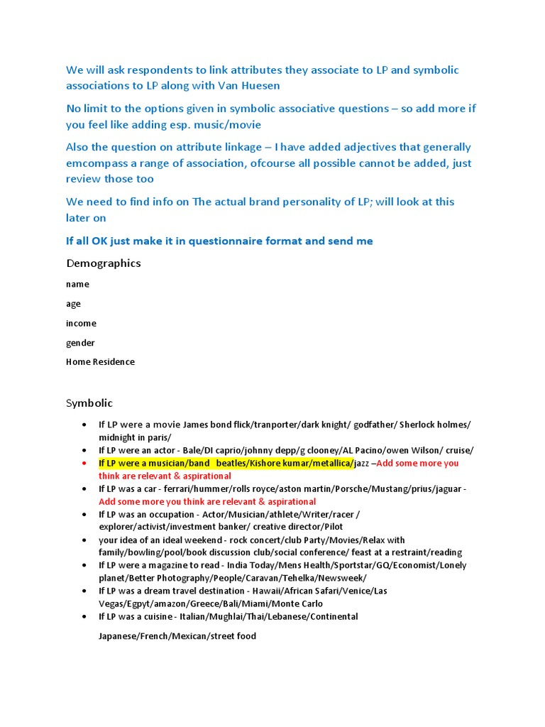 Questionnaire brand personality