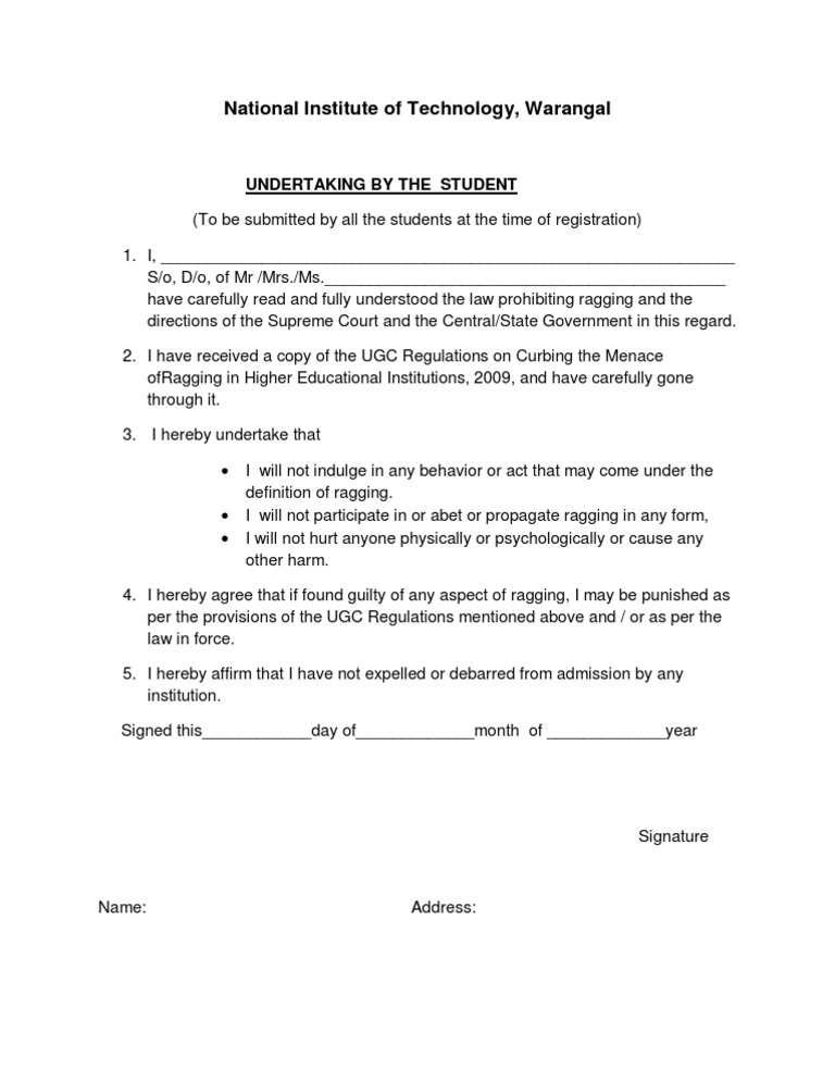 Student Anti-Ragging Undertaking Form | PDF