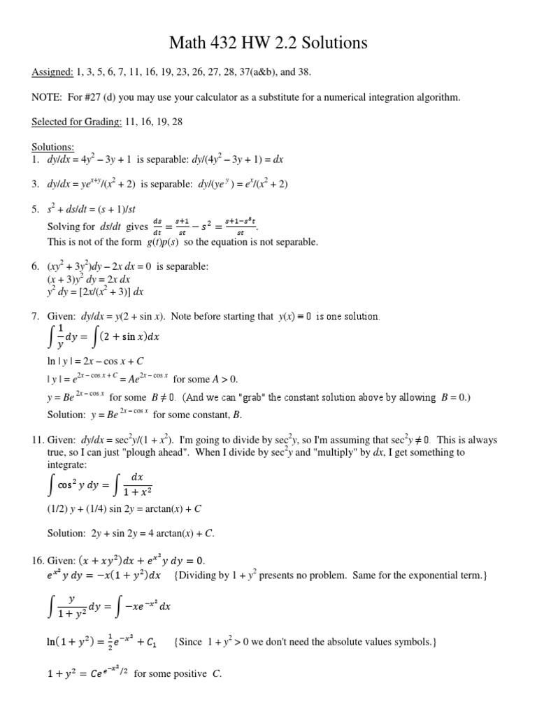 Math 432 Homework 2.2 Solutions | PDF | Science & Mathematics