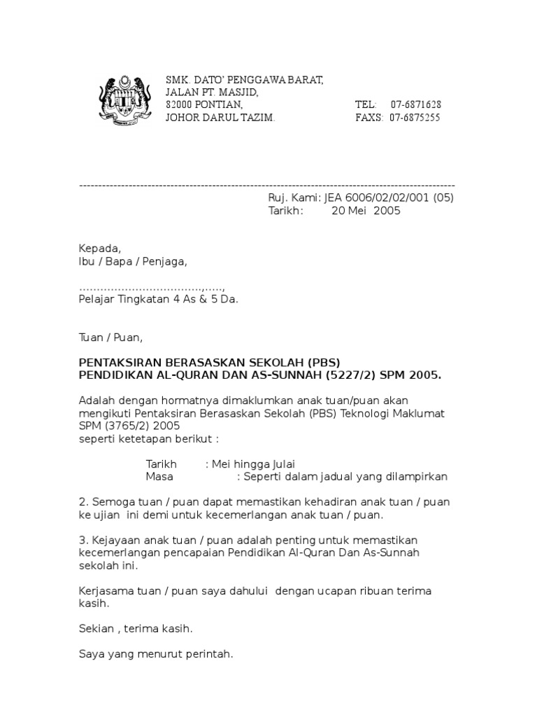Contoh Surat Makluman Ibu Bapa Pbs
