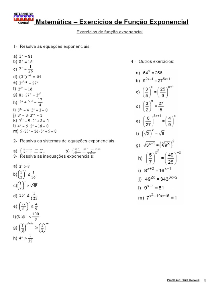 Lista de Exercícios - Função Exponencial | PDF | Função (Matemática ...