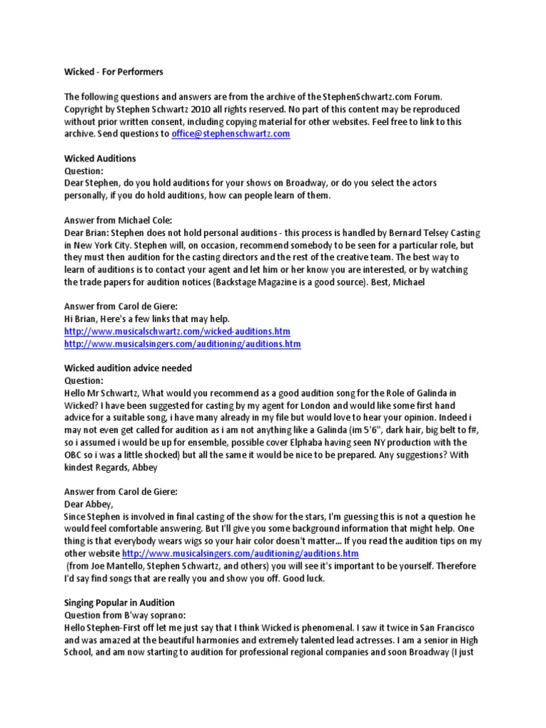 Wicked Notes For Performers1 | PDF | Audition | Glinda The Good Witch