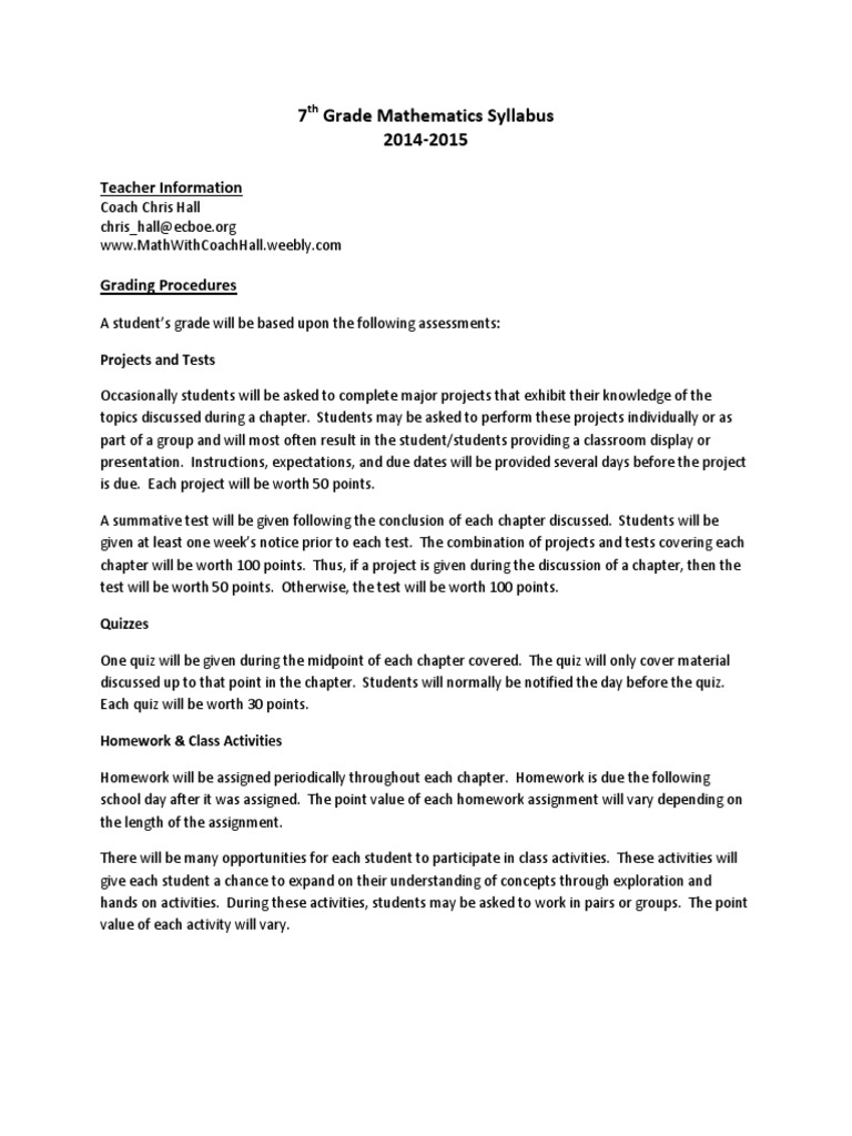 7th grade mathematics syllabus 2014revised | Quiz | Homework