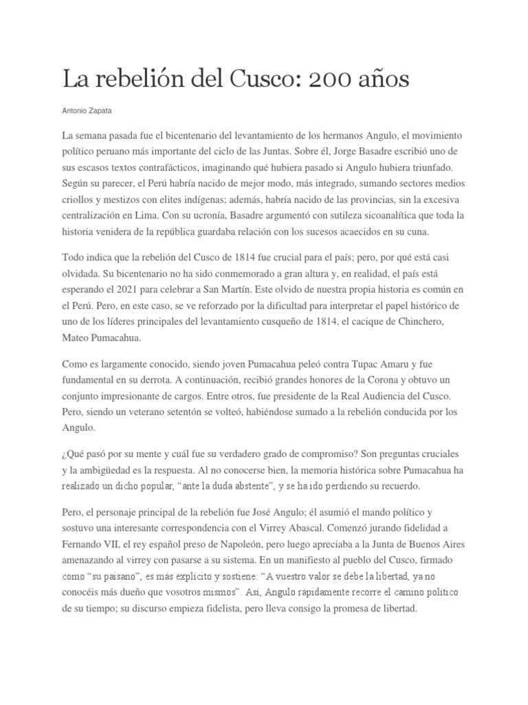 La Rebelión Del Cusco PDF Perú América del Sur