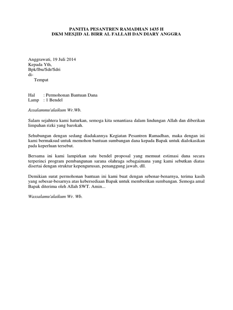 Contoh Surat Permohonan Bantuan Rumah Jabatan Zakat