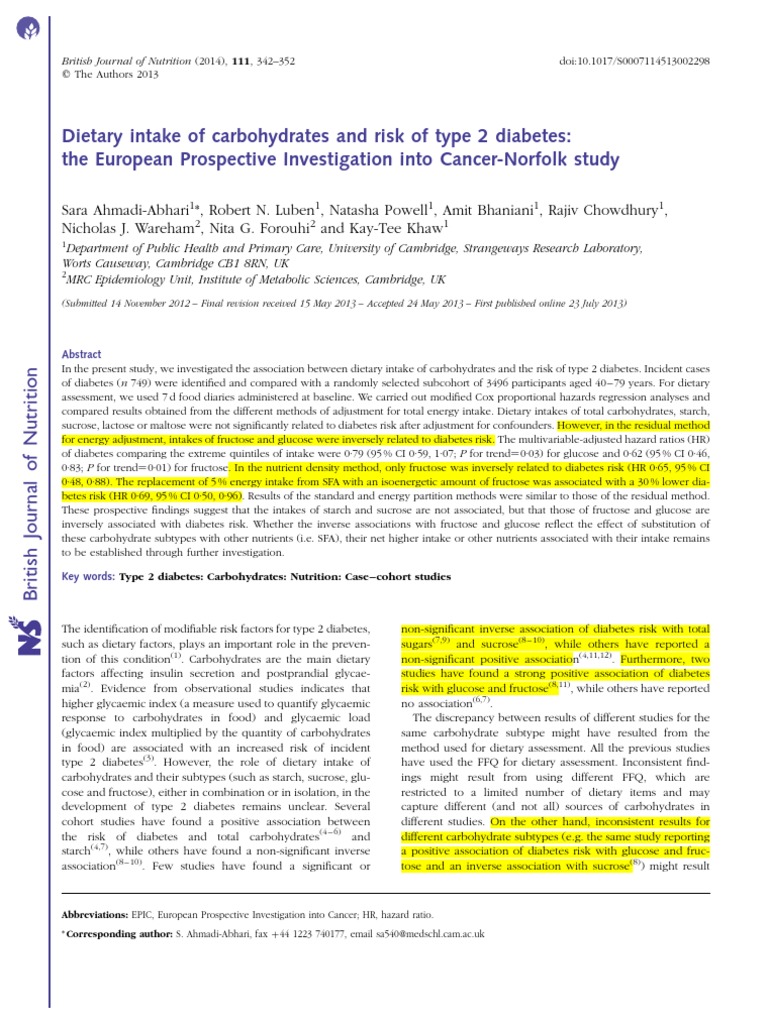 Dietary Intake of Carbohydrates and Risk of Type 2 Diabetes | PDF ...