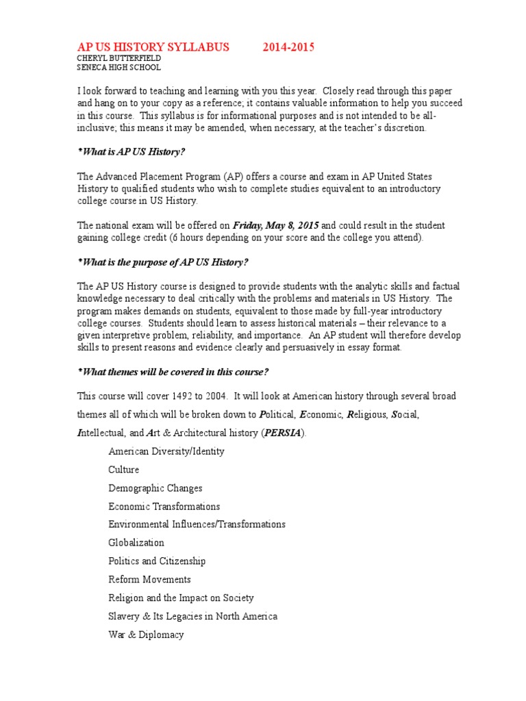 AP US History Syllabus Overview 2014-2015 | PDF | Advanced Placement ...