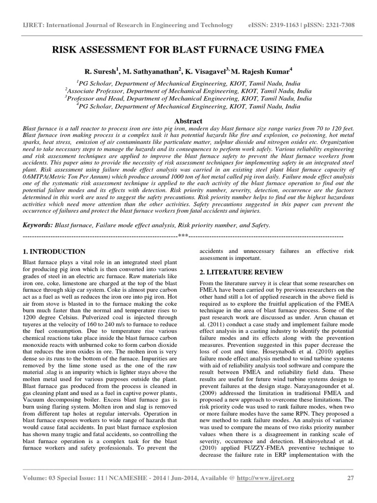 Risk Assessment For Blast Furnace Using Fmea PDF Blast Furnace