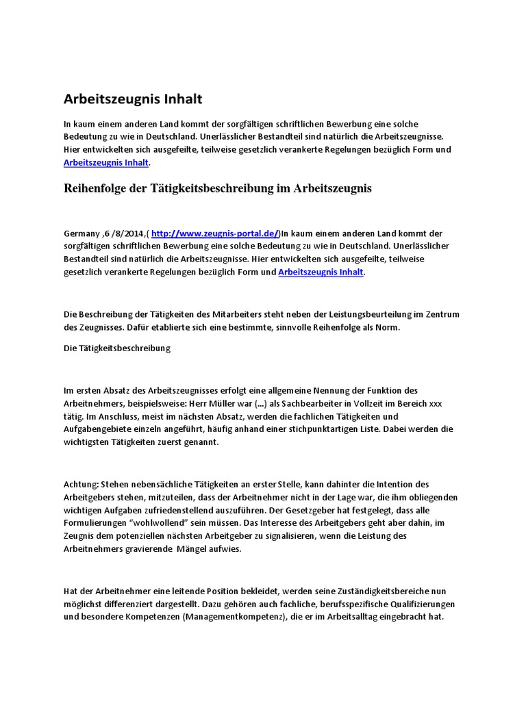 Arbeitszeugnis Inhalt