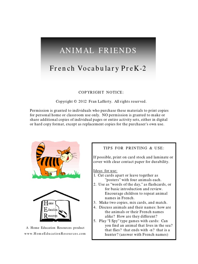 Animal Friends: French Vocabulary Prek-2 | PDF