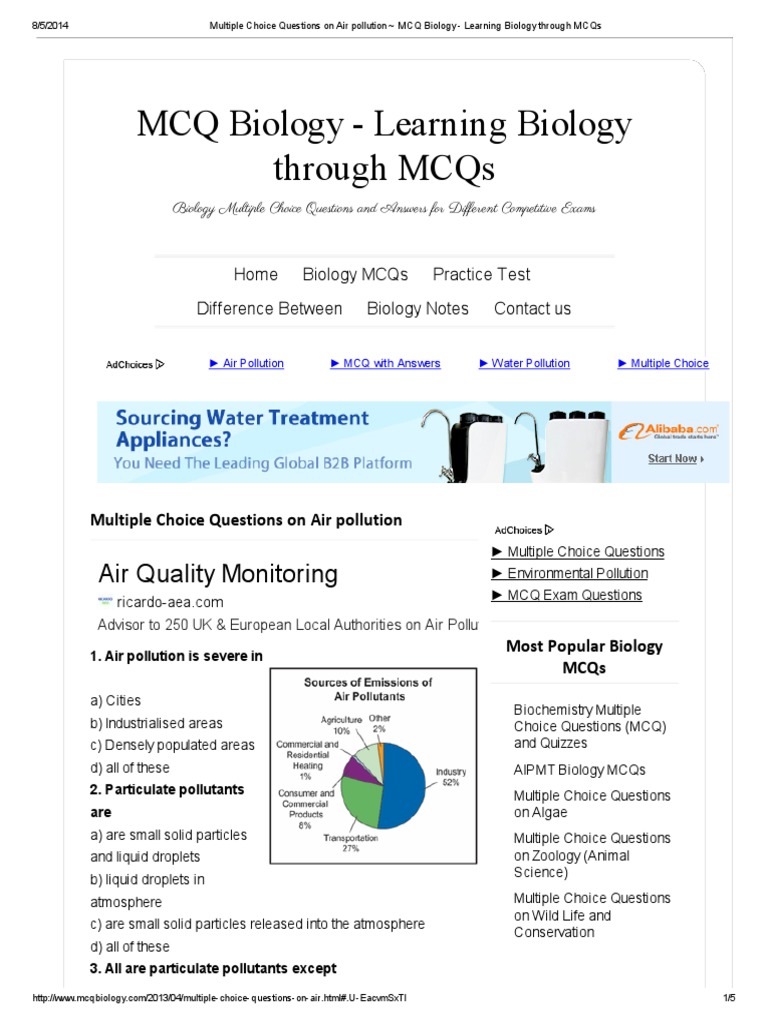 Multiple Choice Questions On Air Pollution Mcq Biology