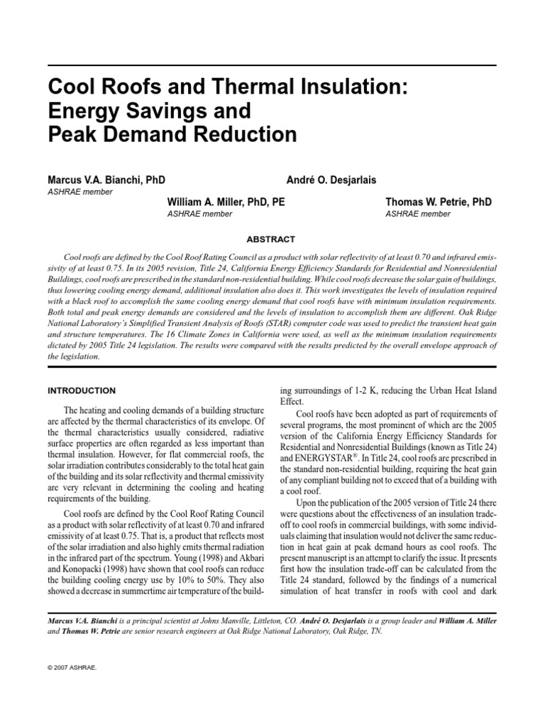 Cool Roofs and Thermal Insulation Energy Savings and Peak Demand Reduction PDF Building