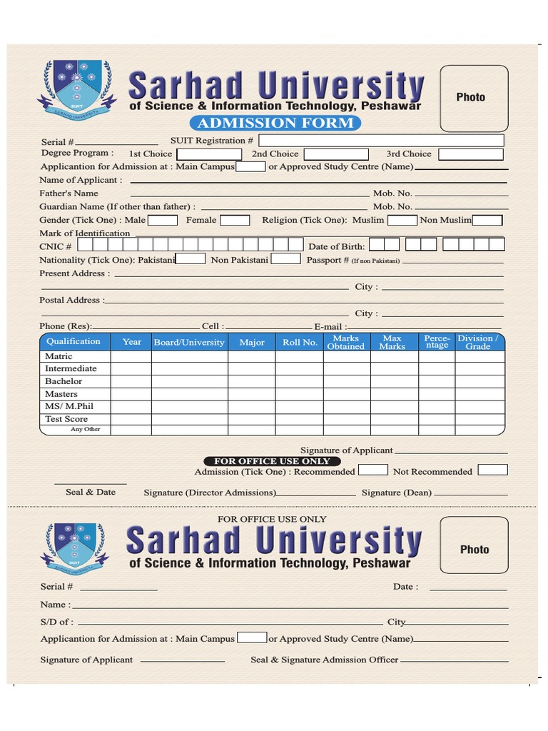Admission Form for Science & IT Peshawar | PDF