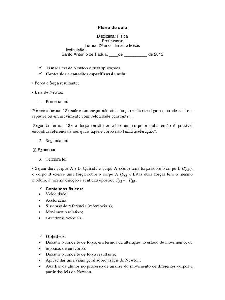 Plano de Aula FISICA | PDF | Leis do Movimento de Newton | Força