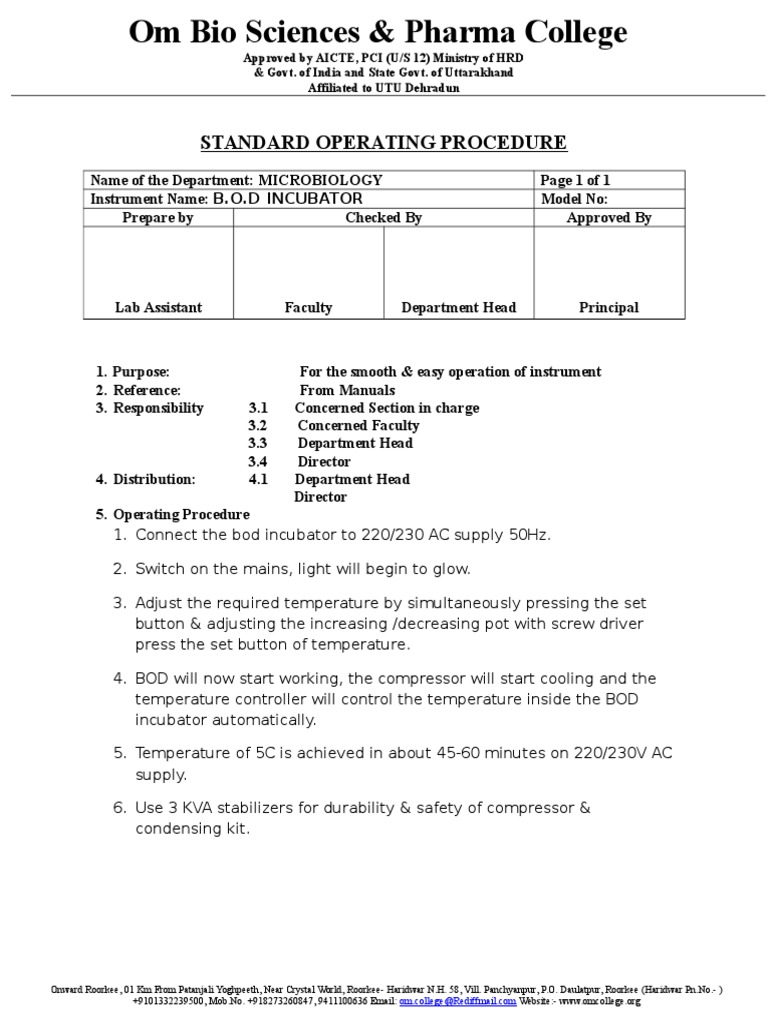 Standard Operating Procedure for BOD Incubator in the Microbiology Department of Om Bio Sciences