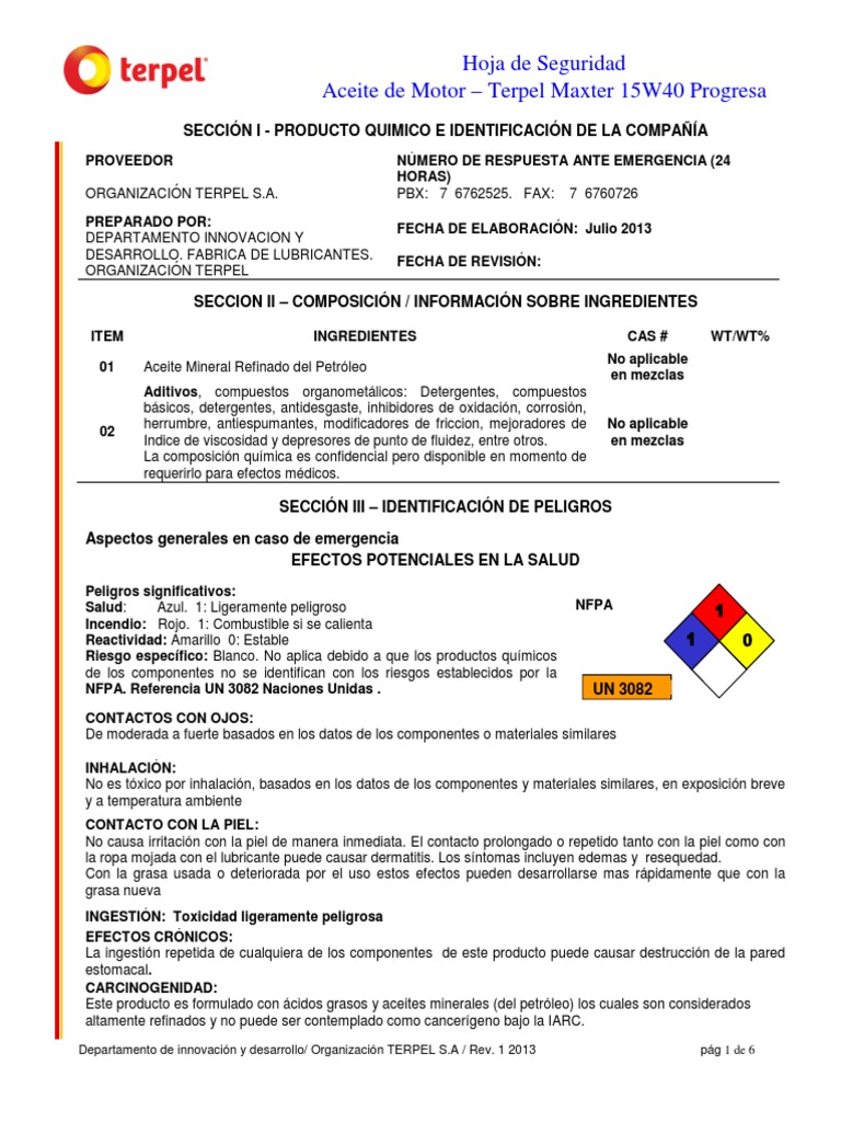 Hoja de Seguridad Aceite Lubricante