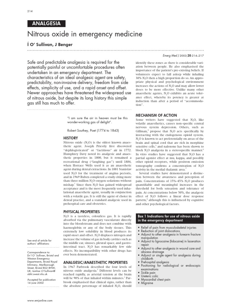 Nitrous Oxide in Emergency Analgesia | PDF | Hypoxia (Medical) | Anesthesia