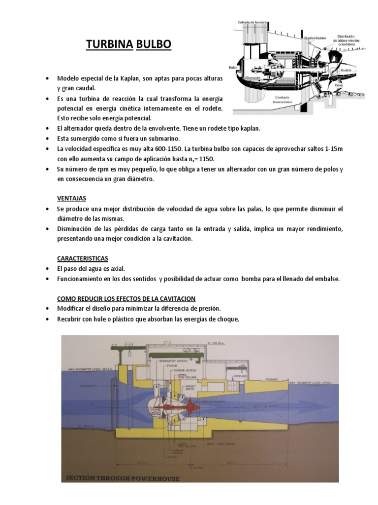 Funcionamiento y características de turbinas bulbo | PDF