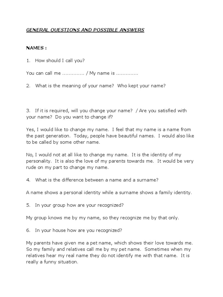 General Questions and Possible Answers | PDF | Friendship | Gujarat