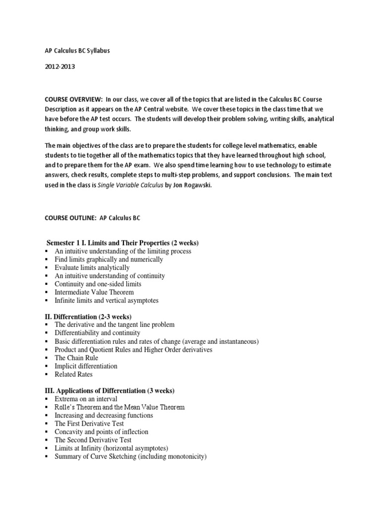 Ap Calculus Syllabus BC PDF Integral Differential Calculus