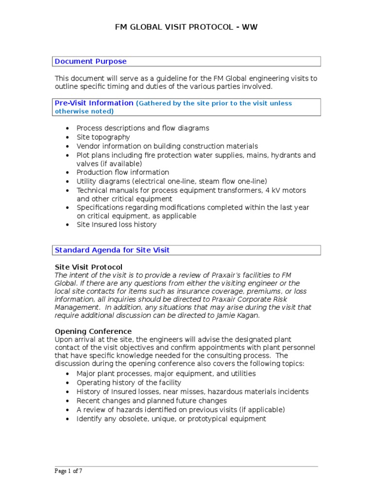 FM Global Site Visit Protocol Guide | PDF | Power Supply | Energy And ...