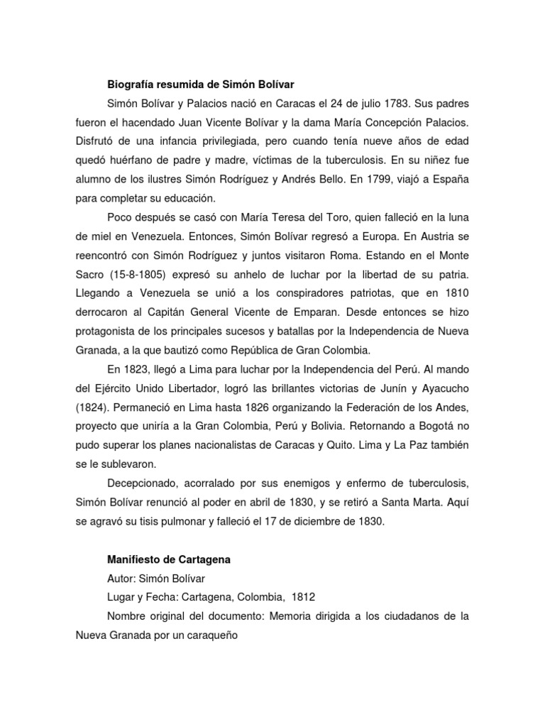 Biografía Resumida de Simón Bolívar
