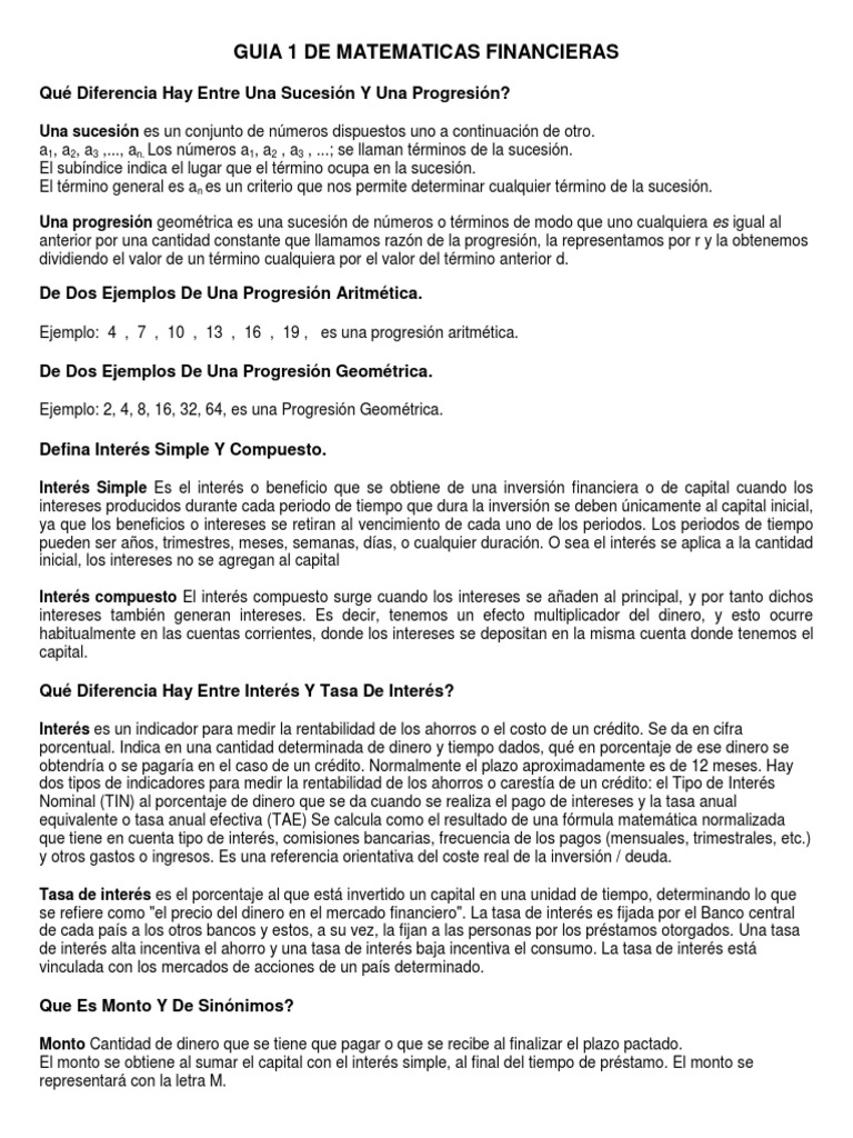 Guia 1 de Matematicas Financieras | PDF | Tasas de interés | Interés