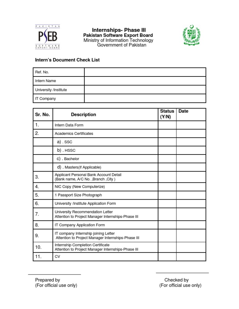 Internship Document Checklist Pakistan | PDF