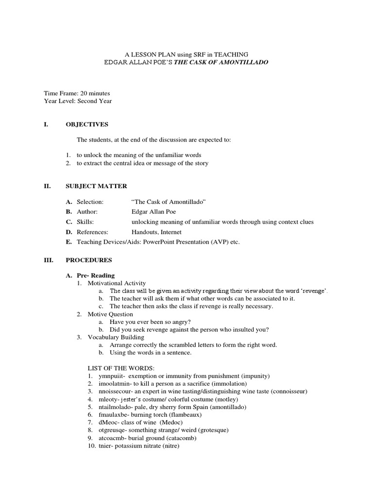 Lesson Plan The Cask Of Amontillado Lesson Plan