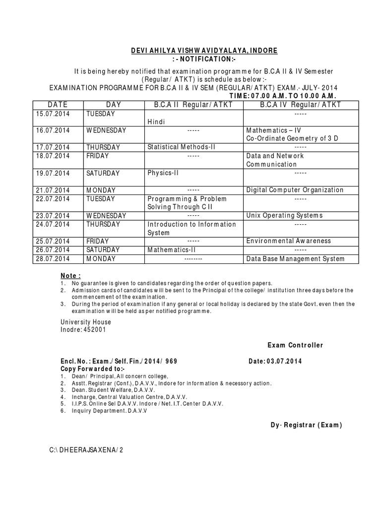 BCA Exam Schedule for DAVV Indore | PDF