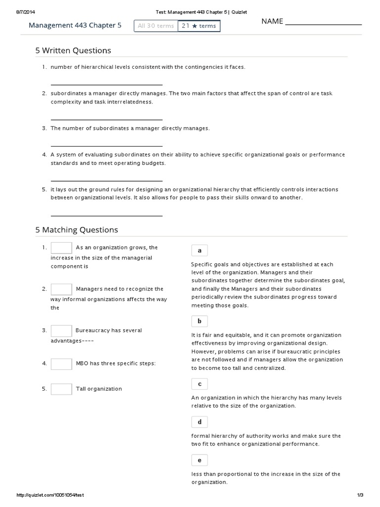 Test - Management 443 Chapter 5 - Quizlet | PDF | Bureaucracy ...