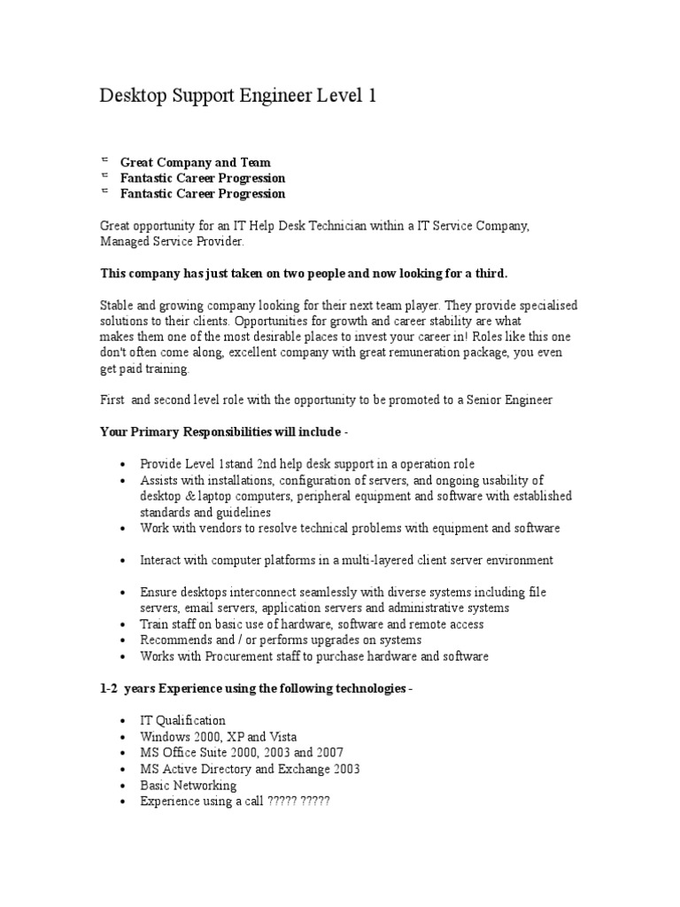 Desktop Support Engineer Level 1 Server Computing Software