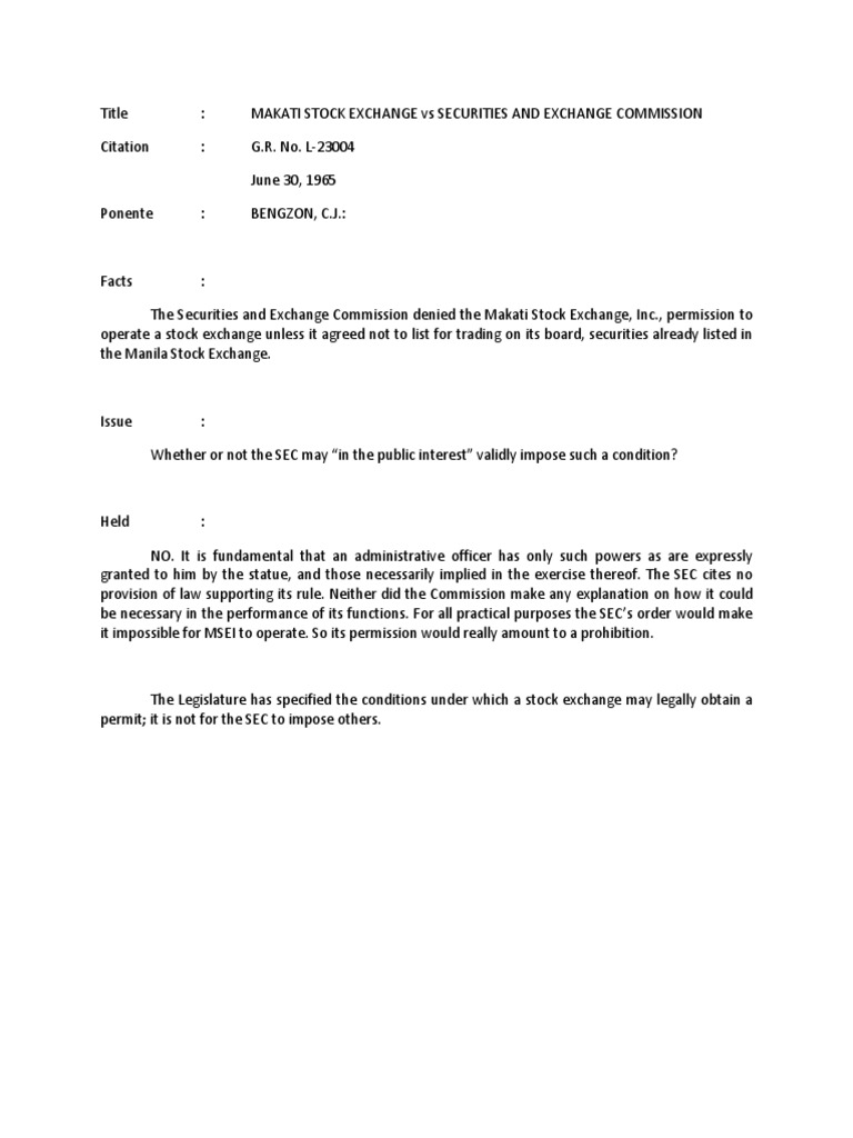 Makati Stock Exchange Vs SEC Case Digest PDF