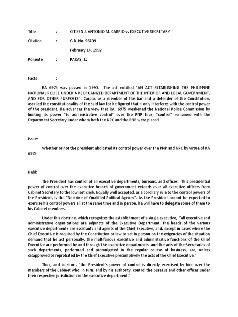 Carpio Vs Executive Secretary Case Digest | PDF | Virtue | Government