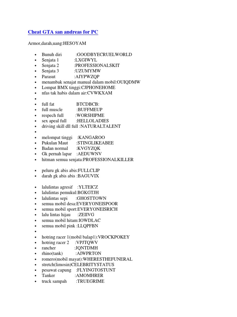 Cheat GTA San Andreas For PC | PDF