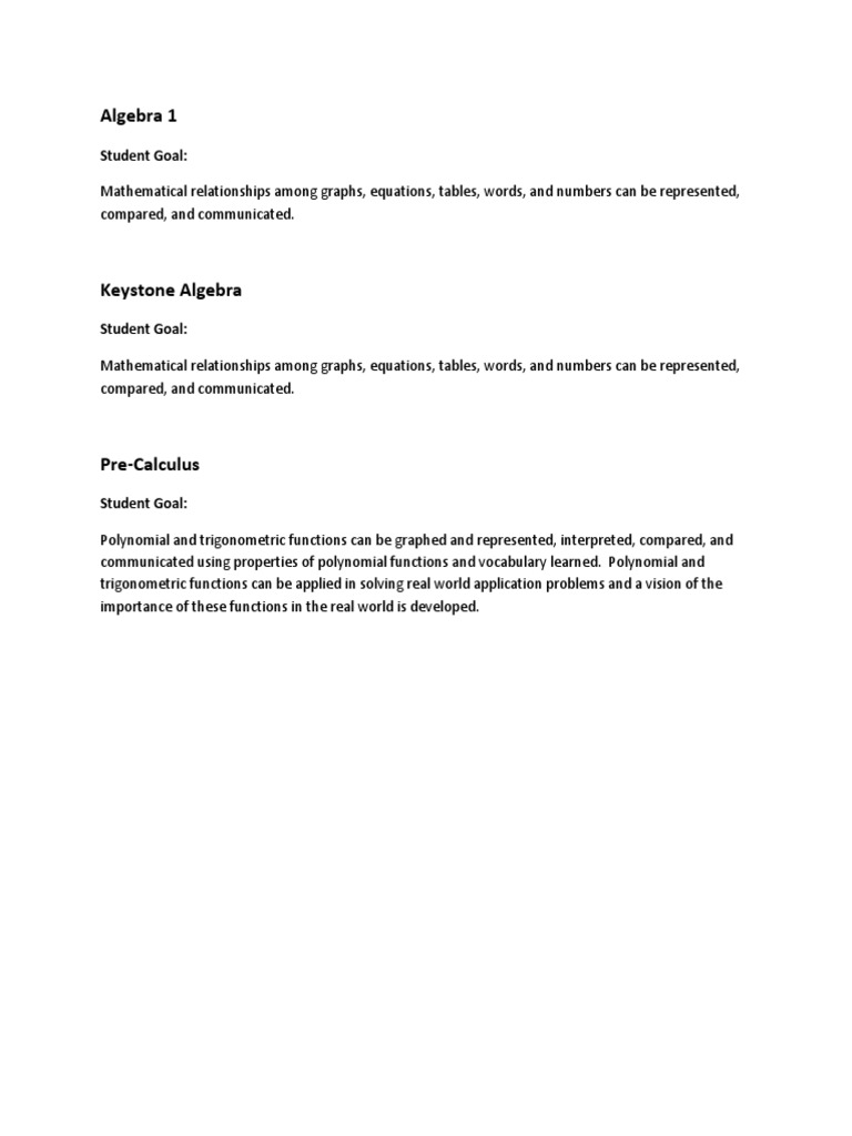 Algebra and Pre-Calculus Goals Overview | PDF | Equations | Polynomial