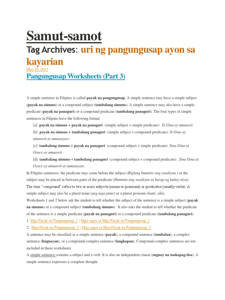 Uri Ng Pangungusap Ayon Sa Kayarian Samut Sentence Linguistics Subject Grammar