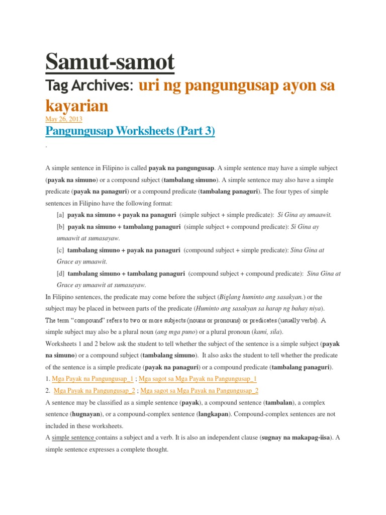 Payak Tambalan Hugnayan At Langkapan Na Pangungusap Worksheets