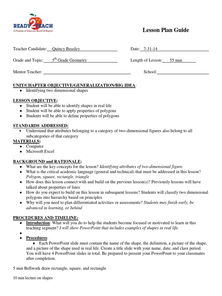 5th Grade Geometry Lesson Plan | PDF | Shape | Lesson Plan