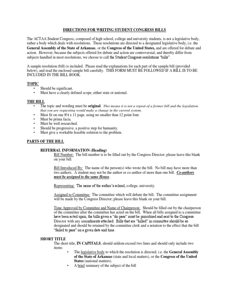 Directions For Writing Student Congress Bills | PDF | United States ...